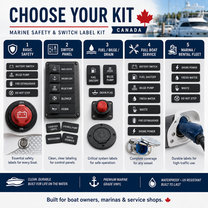 Choose a marine safety switch label kit for basic safety switch panels fuel bilge drain full boat service or a marina rental fleet
