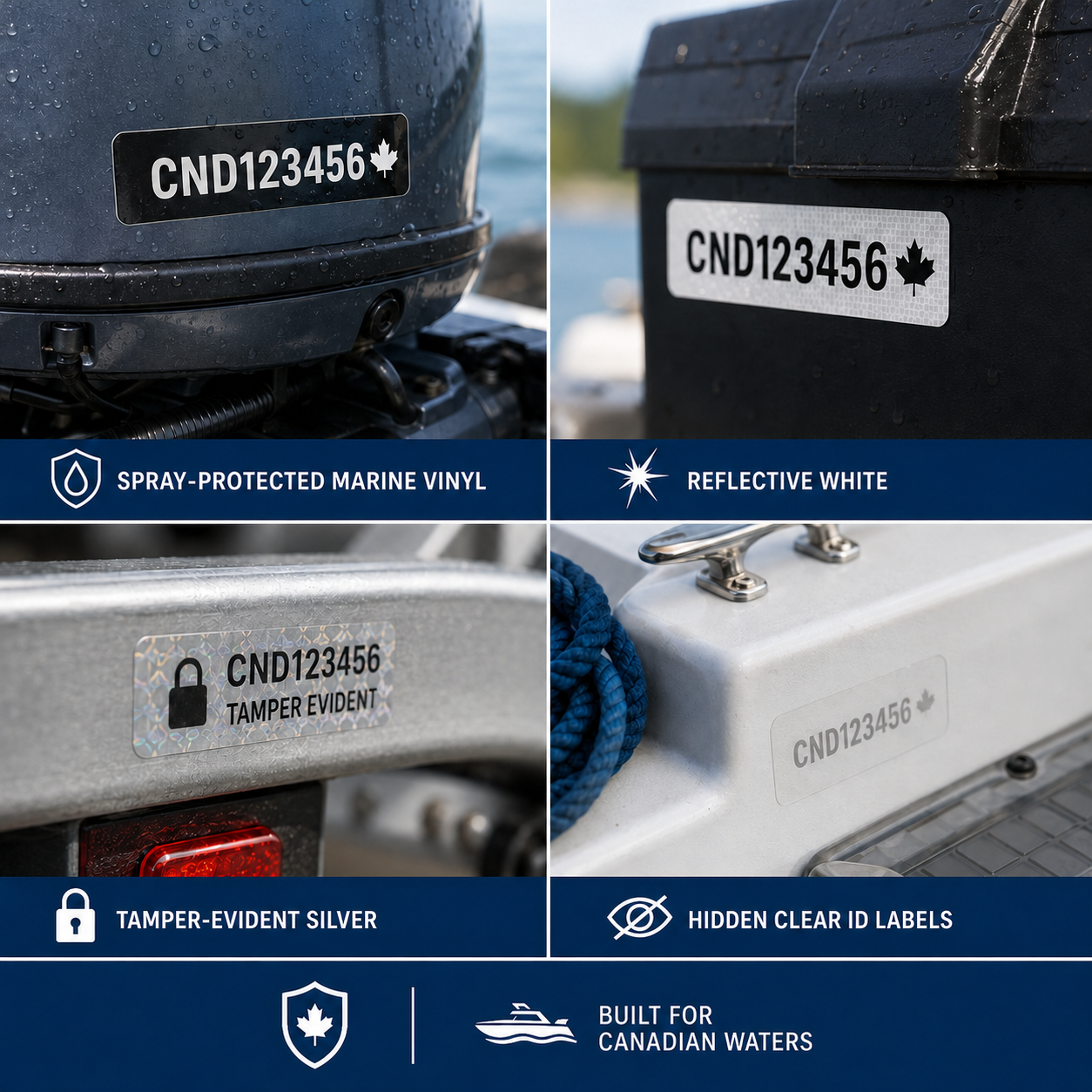 Outboard motor recovery ID finish options in spray-protected marine vinyl reflective white tamper-evident silver and hidden clear labels