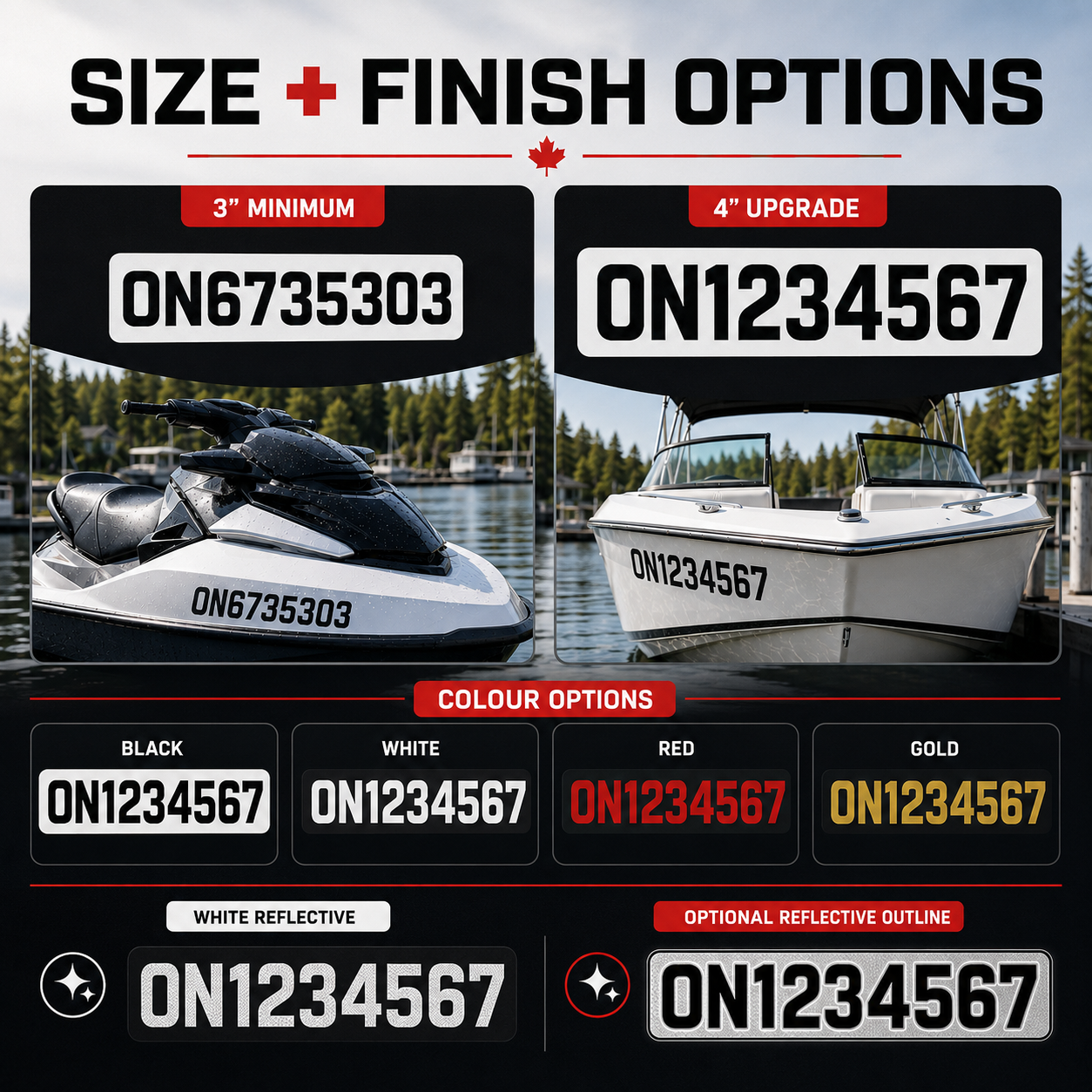PWC and boat number decal size and finish options with 3 inch, 4 inch, black, white, red, gold, reflective and outline choices