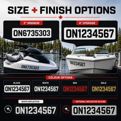 PWC and boat number decal size and finish options with 3 inch, 4 inch, black, white, red, gold, reflective and outline choices