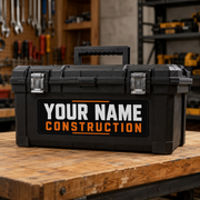 Construction style custom name decal on black toolbox