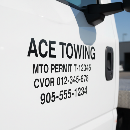 Close-up tow truck door lettering with MTO permit and CVOR number