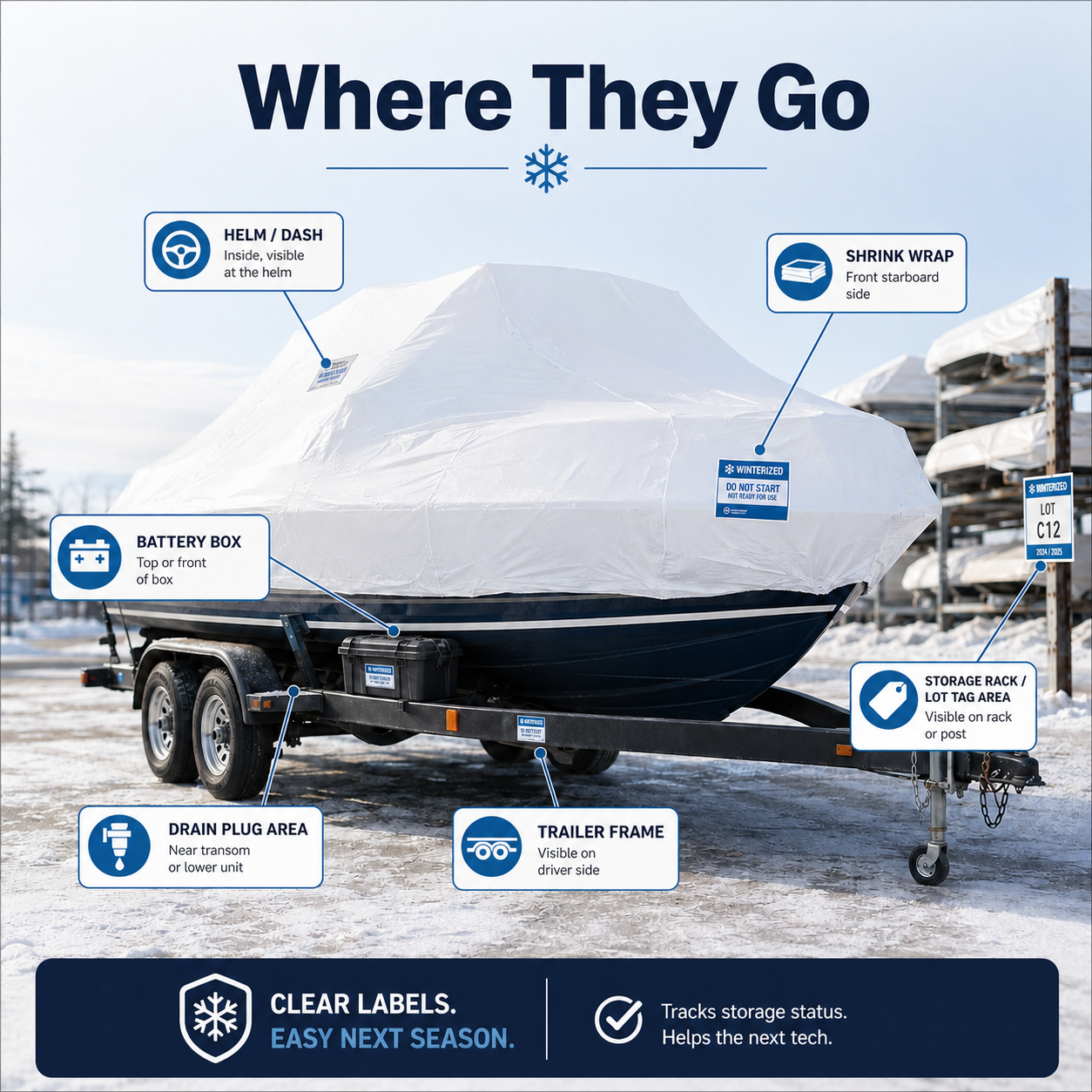 Placement guide for storage labels on shrink wrap battery box trailer frame helm and rack area
