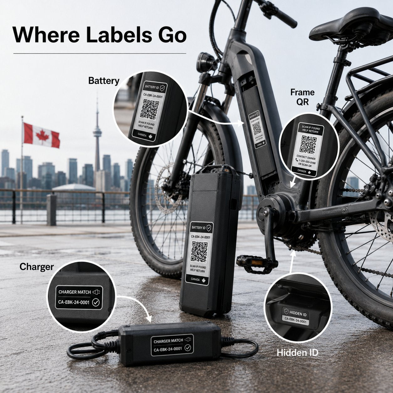 E-Bike Battery Safety & Recovery ID Label Kit Canada - e bike battery label placement guide