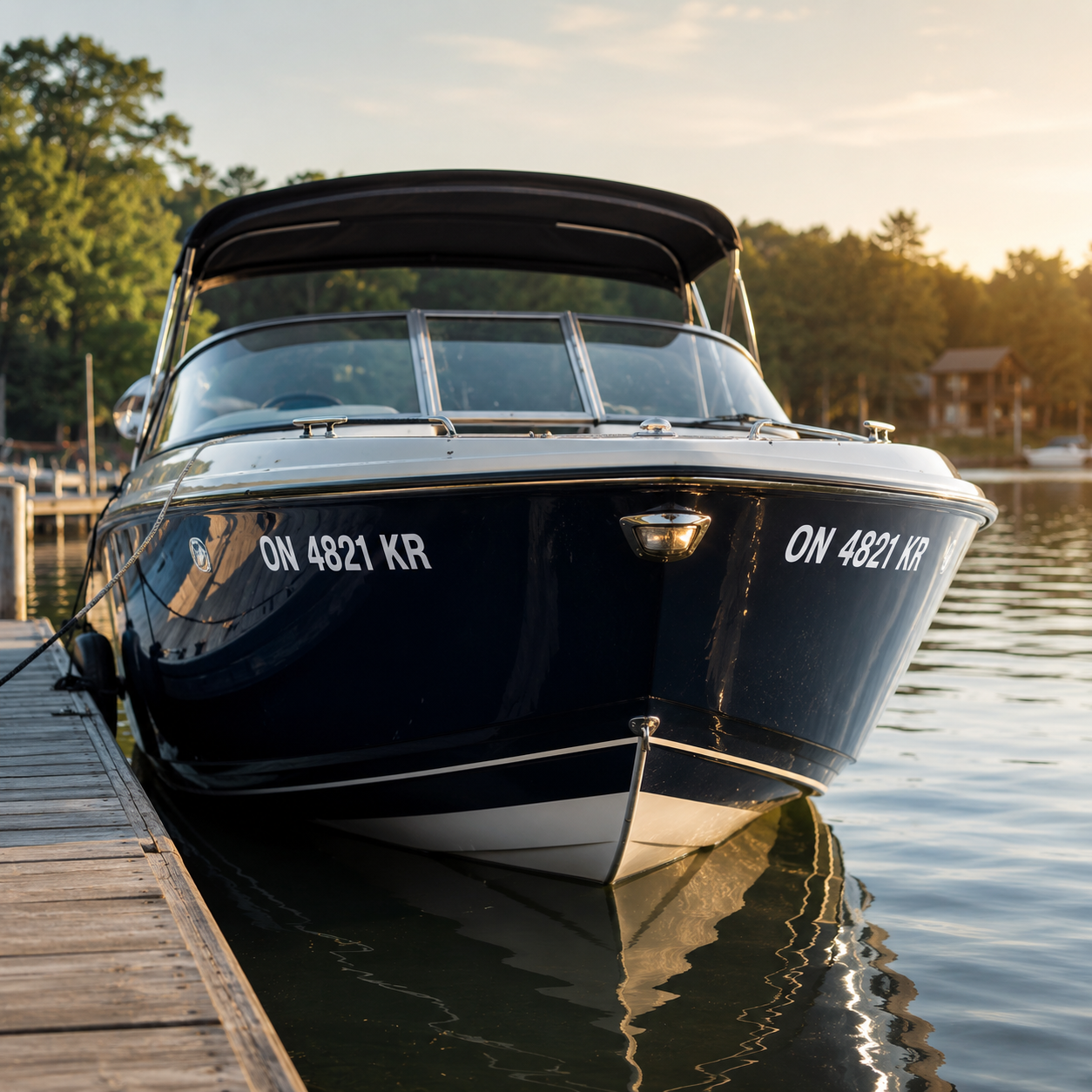 Dark hull boat registration numbers at golden hour — high contrast vinyl on charcoal fibreglass