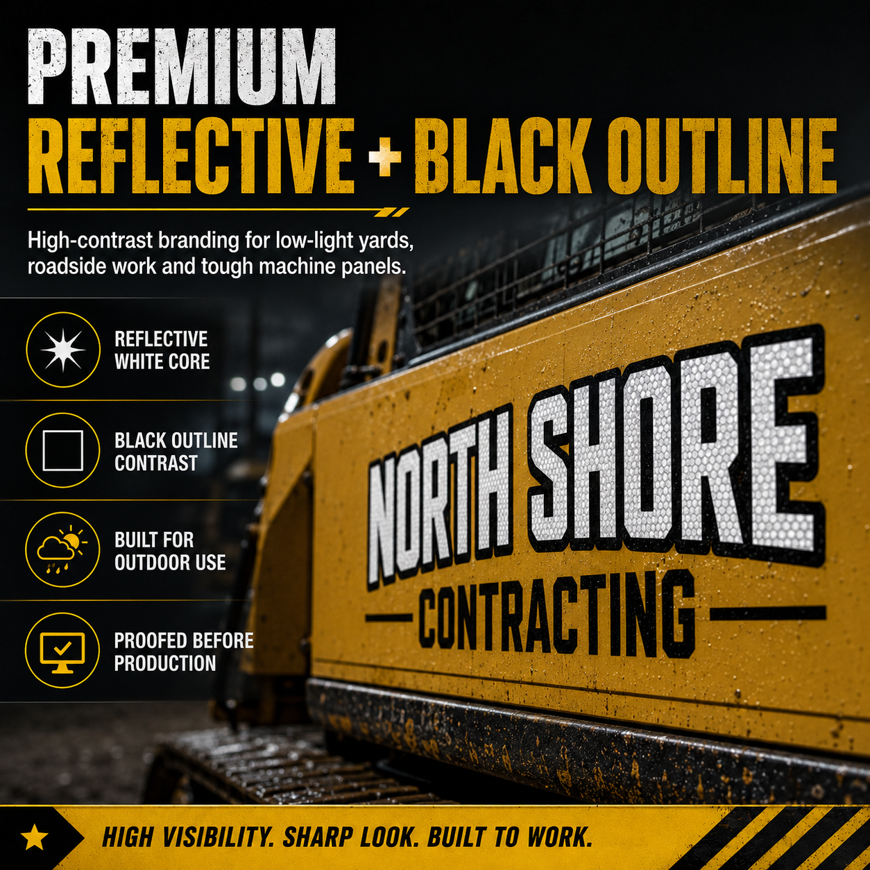 Premium reflective white heavy equipment company name decals with black outline