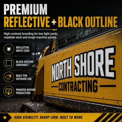 Premium reflective white heavy equipment company name decals with black outline