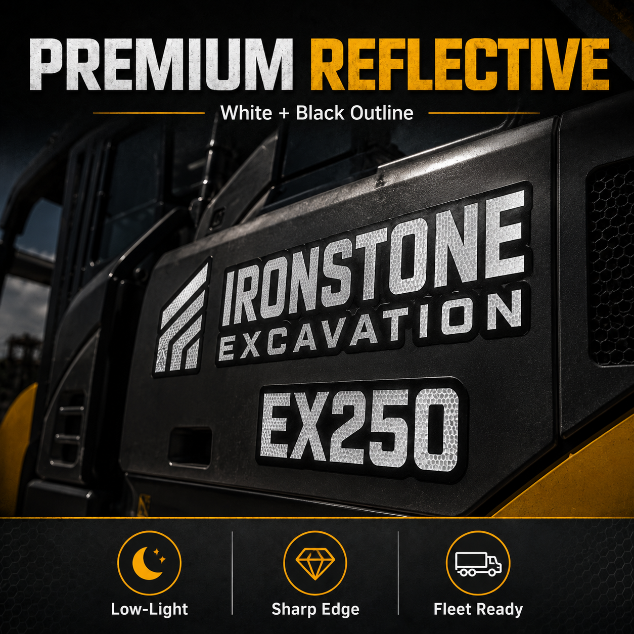 Premium reflective white jobsite equipment ID decals with black outline on machine panel
