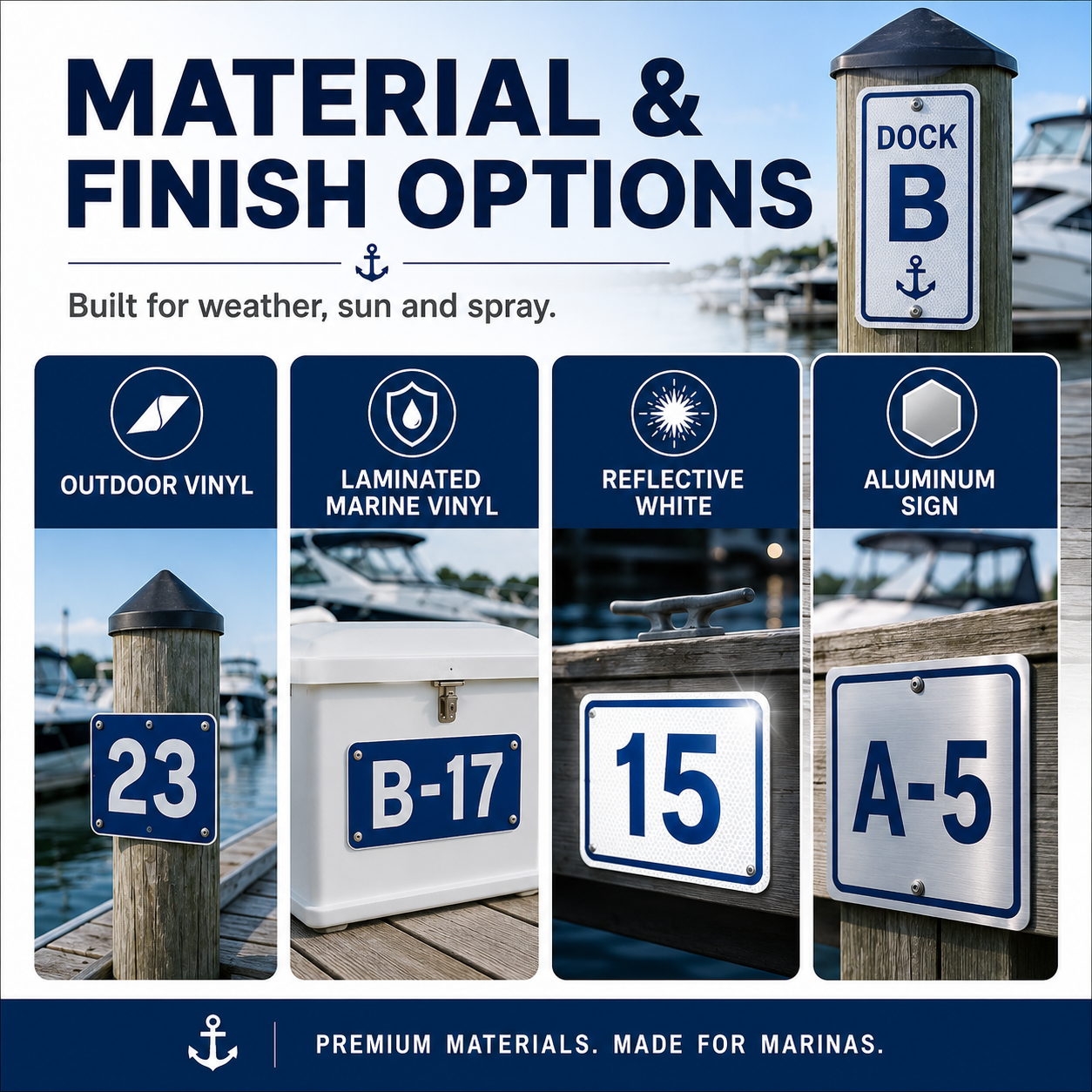 Marina slip sign material options including outdoor vinyl spray-protected vinyl reflective white and aluminum composite