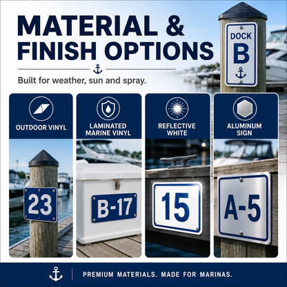 Marina slip sign material options including outdoor vinyl spray-protected vinyl reflective white and aluminum composite