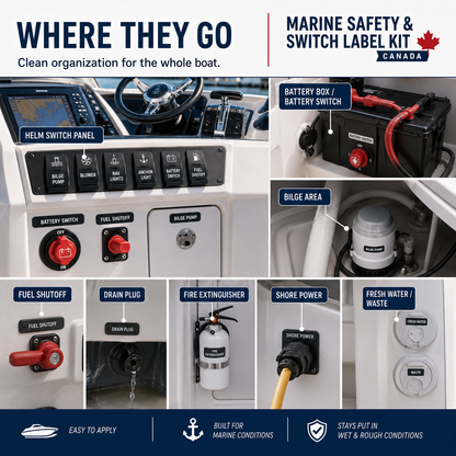 Marine safety switch label placement guide for helm battery box bilge area fuel shutoff drain plug fire extinguisher shore power and water labels