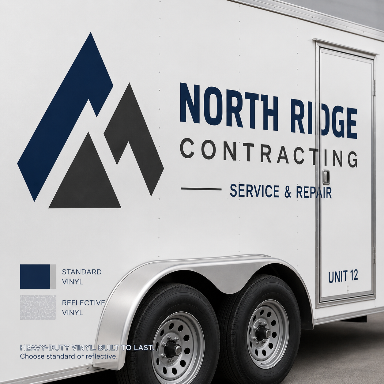 Close up of trailer vinyl lettering with standard and reflective material options