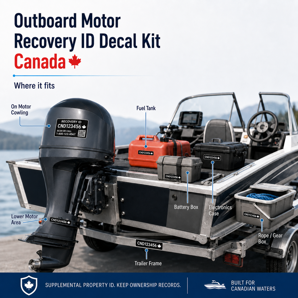 Outboard motor recovery ID placement guide for a motor cowling fuel tank battery box electronics case trailer frame and gear box
