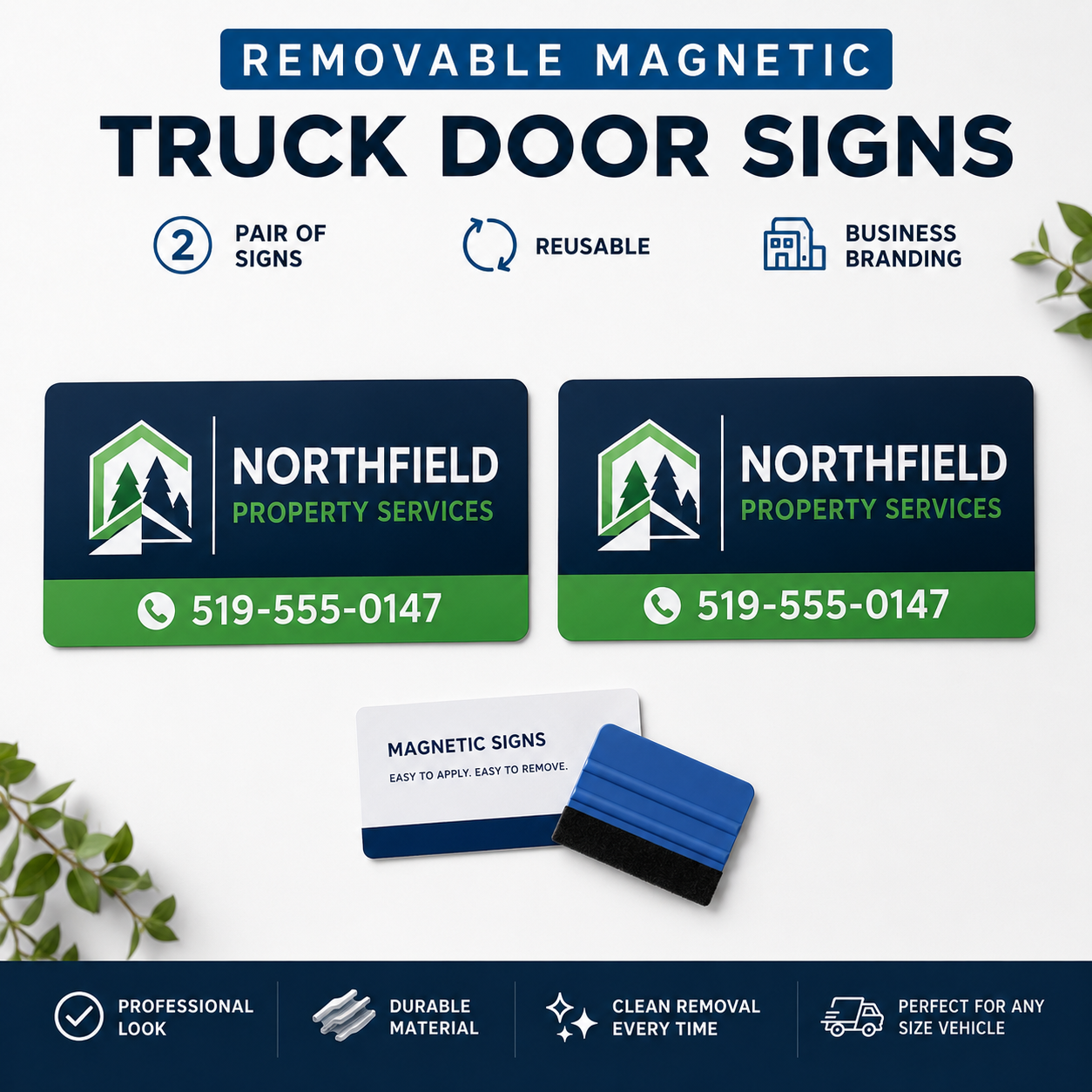 Pair of removable magnetic truck door signs with squeegee and product card