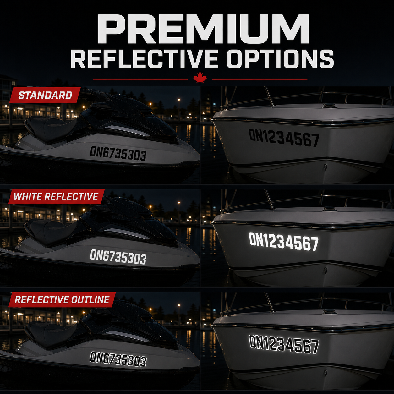 Reflective finish options for PWC and boat registration number decals