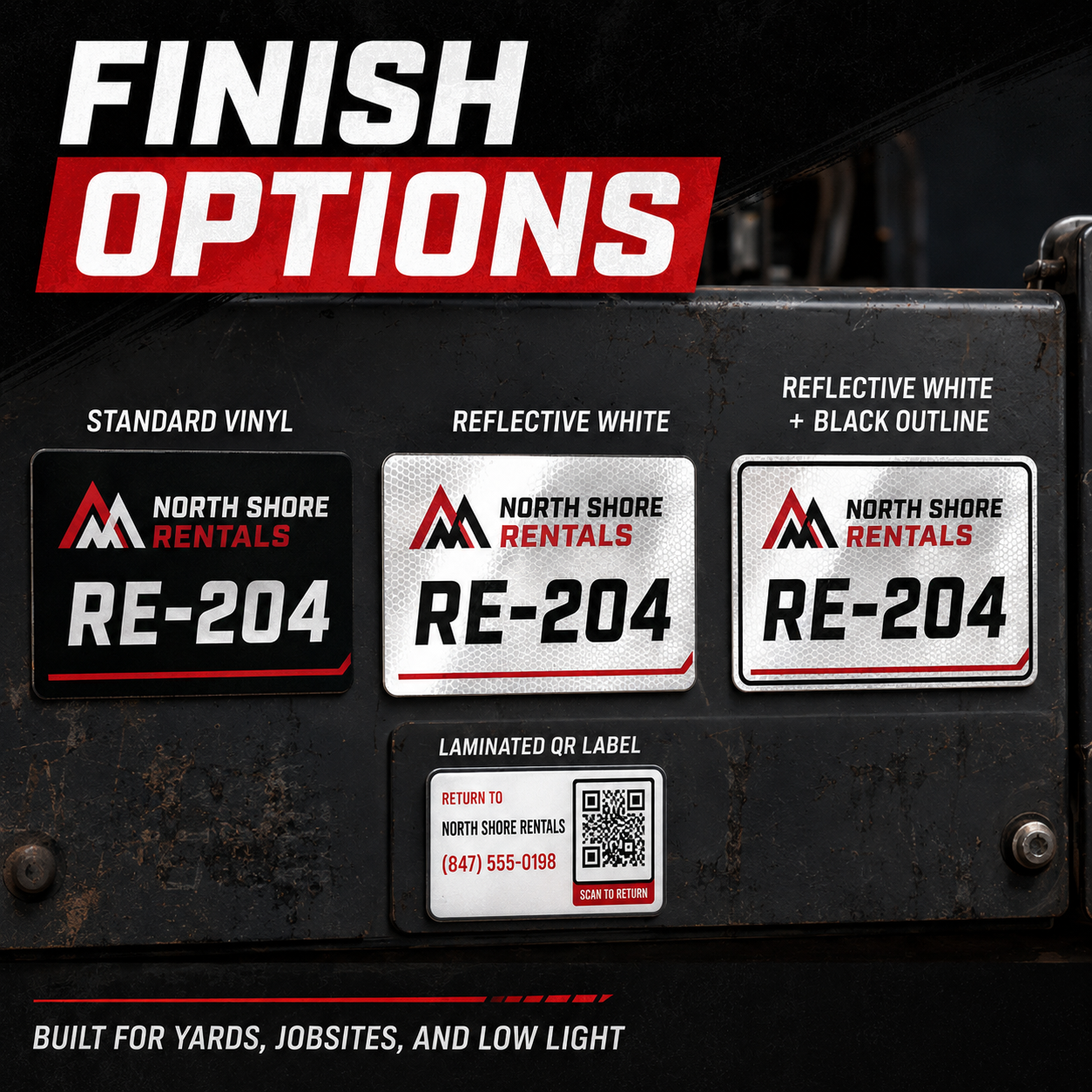 Rental equipment finish options showing Standard Vinyl Reflective White and Reflective White with Black Outline