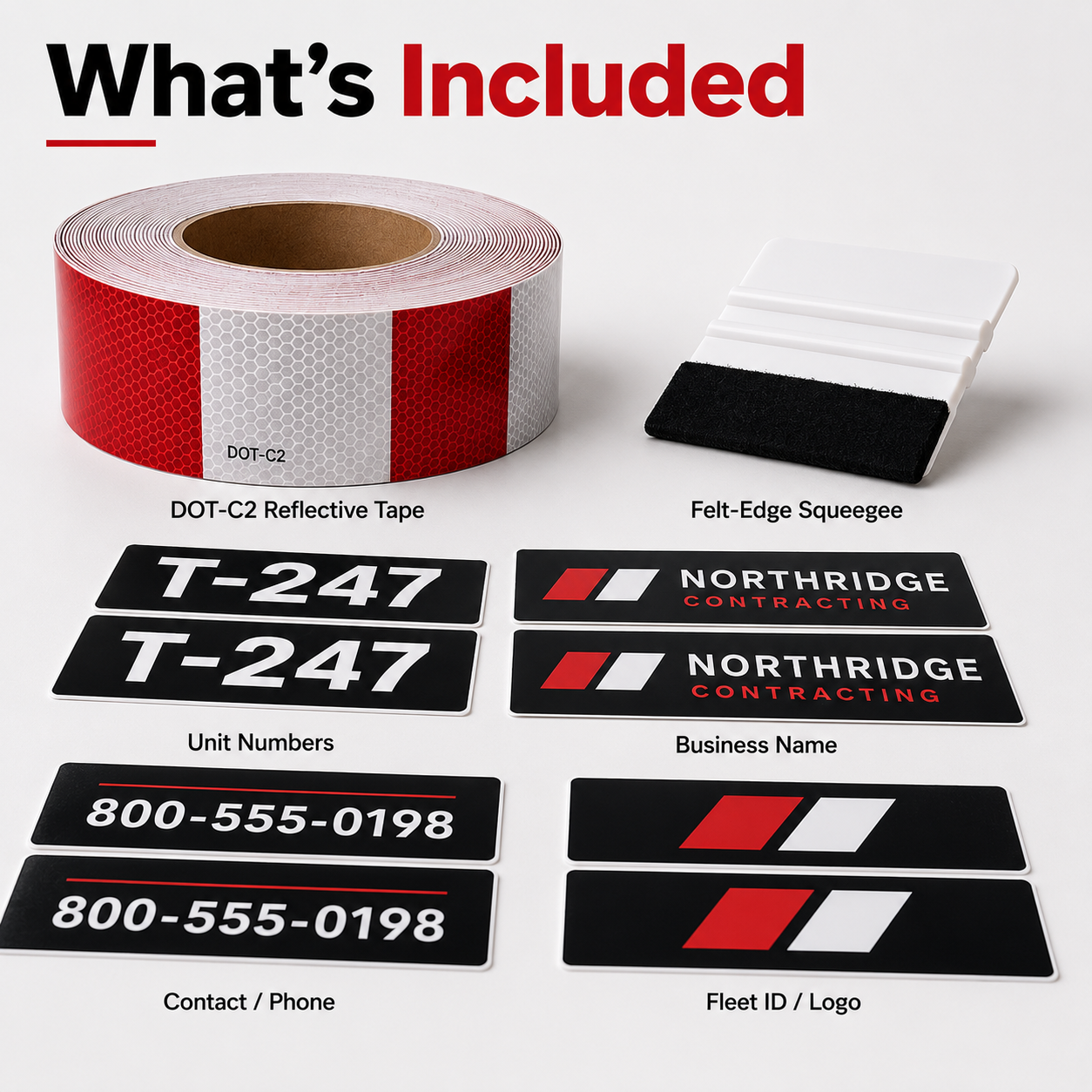 Trailer Fleet Refresh Kit includes DOT-C2 reflective tape unit numbers business name contact decals fleet ID logo and squeegee