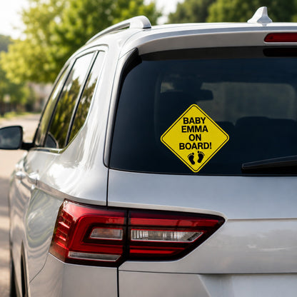 Custom Baby Emma On Board vinyl decal applied to the rear window of a silver SUV.