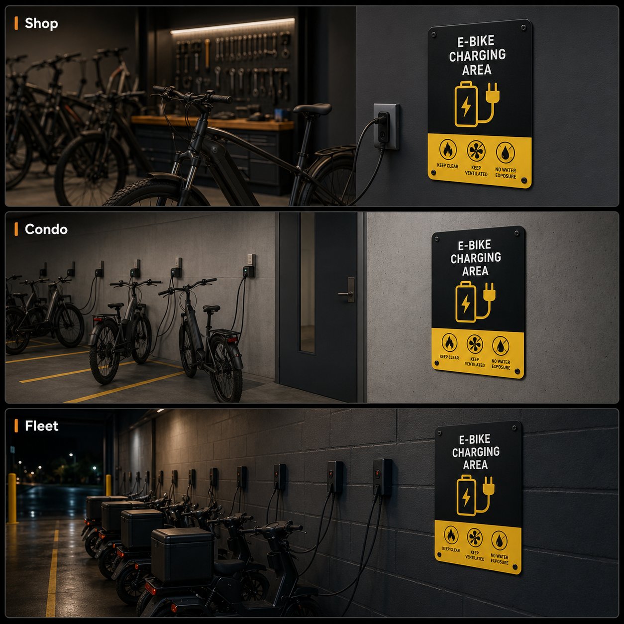 E-bike charging station signs for retail, condo, and public charging setups