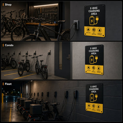 E-bike charging station signs for retail, condo, and public charging setups