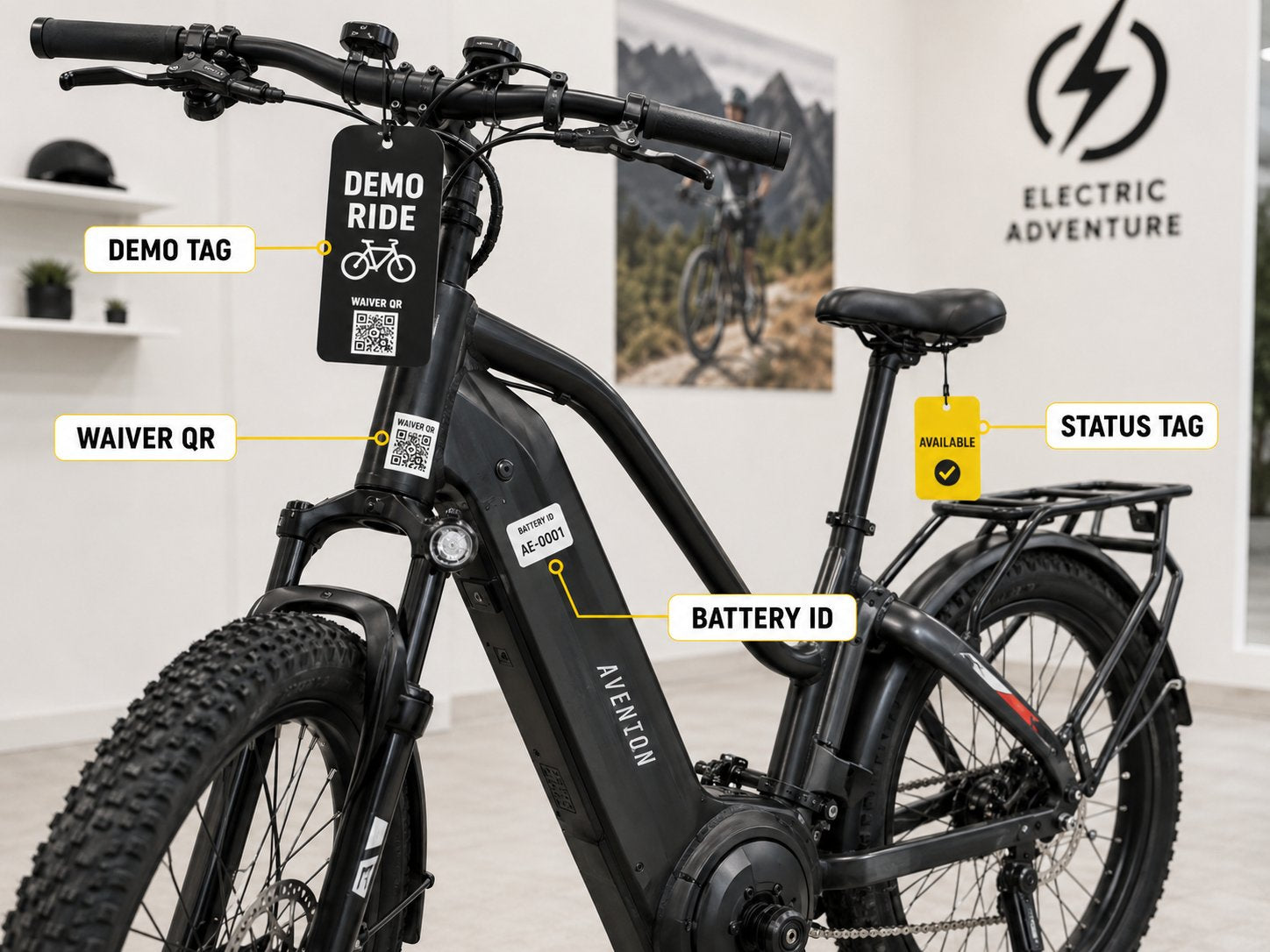 Placement guide for e-bike demo tag, waiver QR label, status tag, and battery ID label