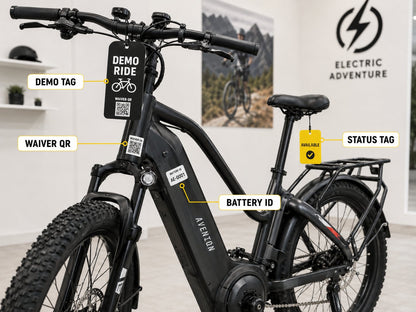 Placement guide for e-bike demo tag, waiver QR label, status tag, and battery ID label