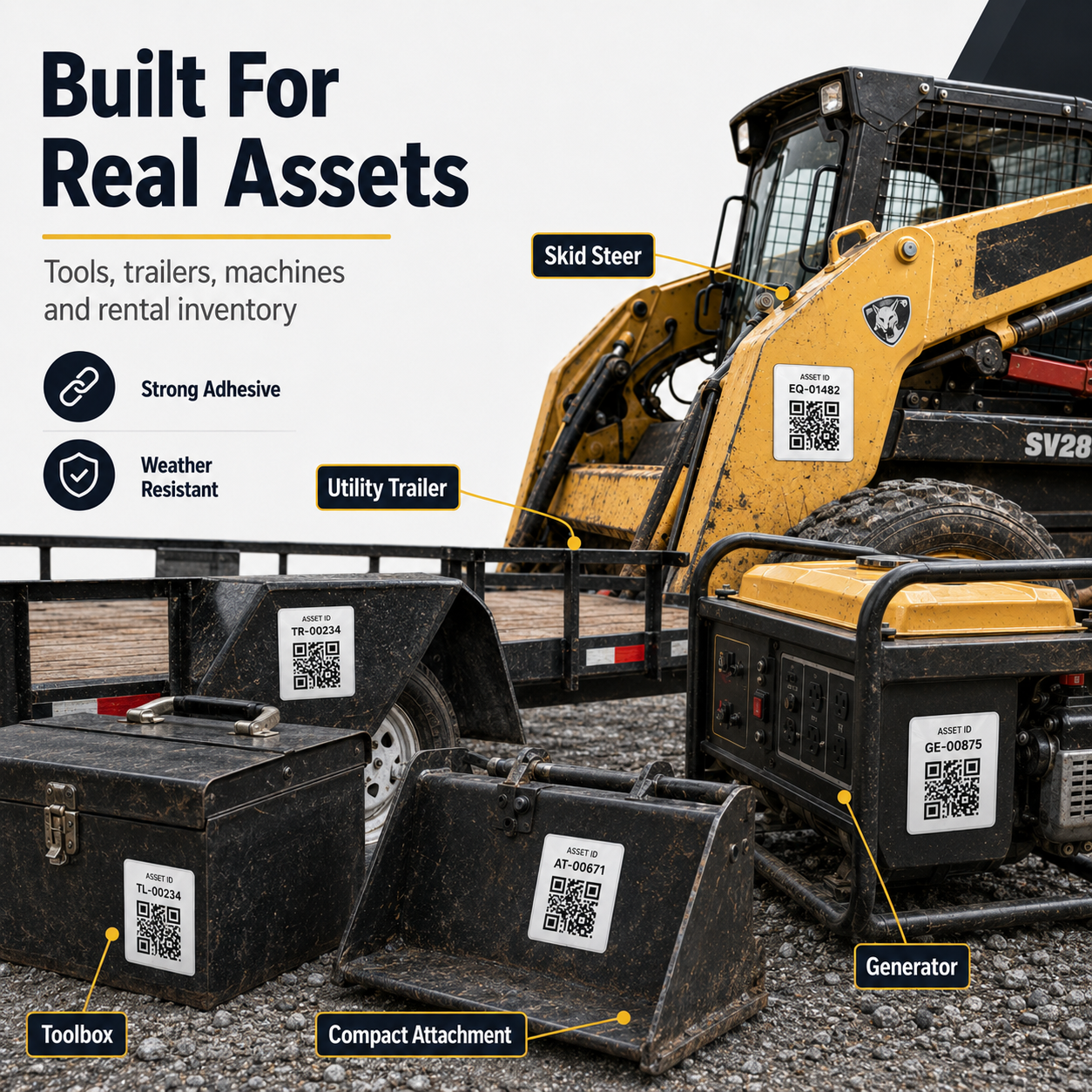 Equipment asset QR labels for tools trailers machines generators attachments and rental inventory