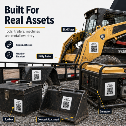 Equipment asset QR labels for tools trailers machines generators attachments and rental inventory