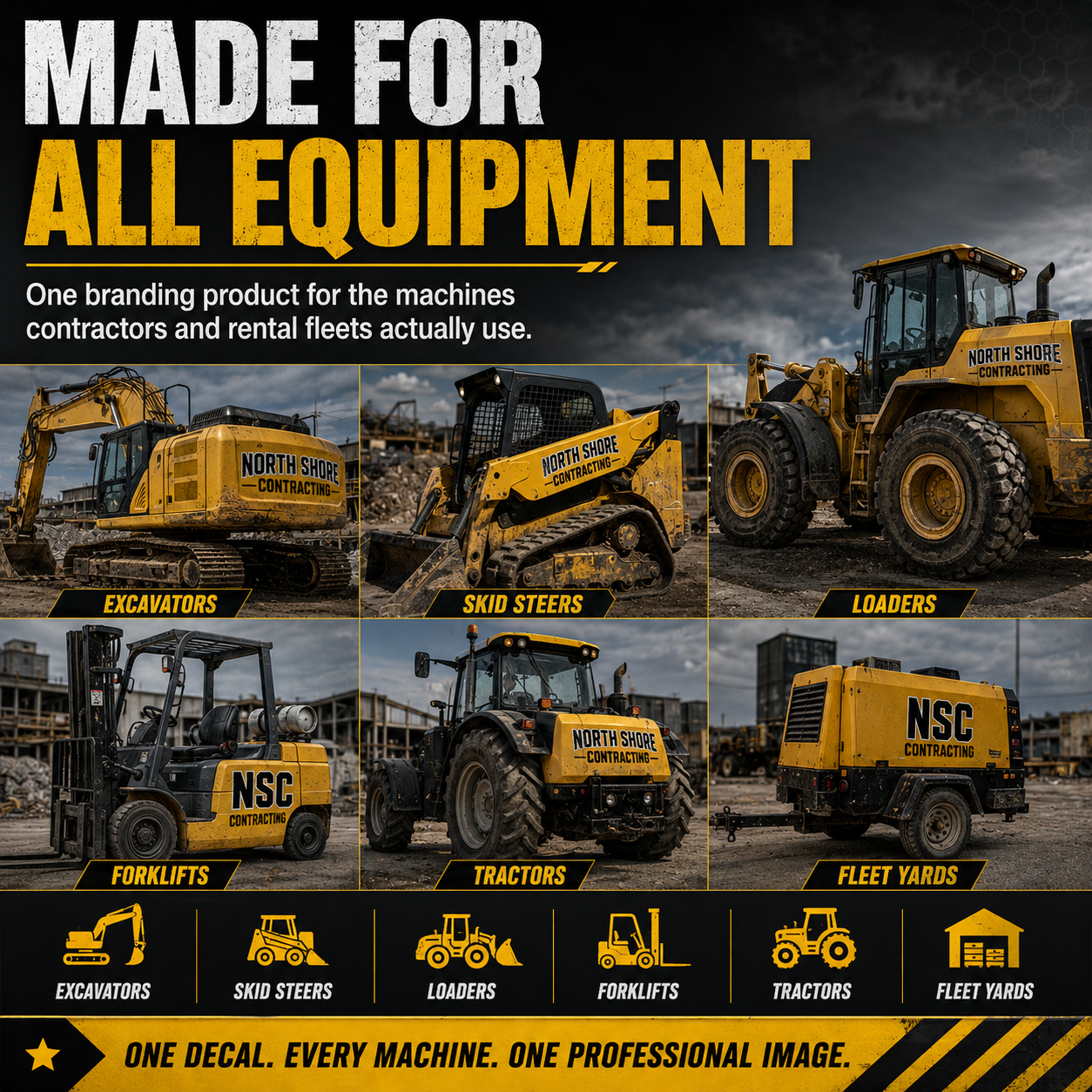 Heavy equipment company name decals for excavators skid steers loaders forklifts tractors and fleet yards