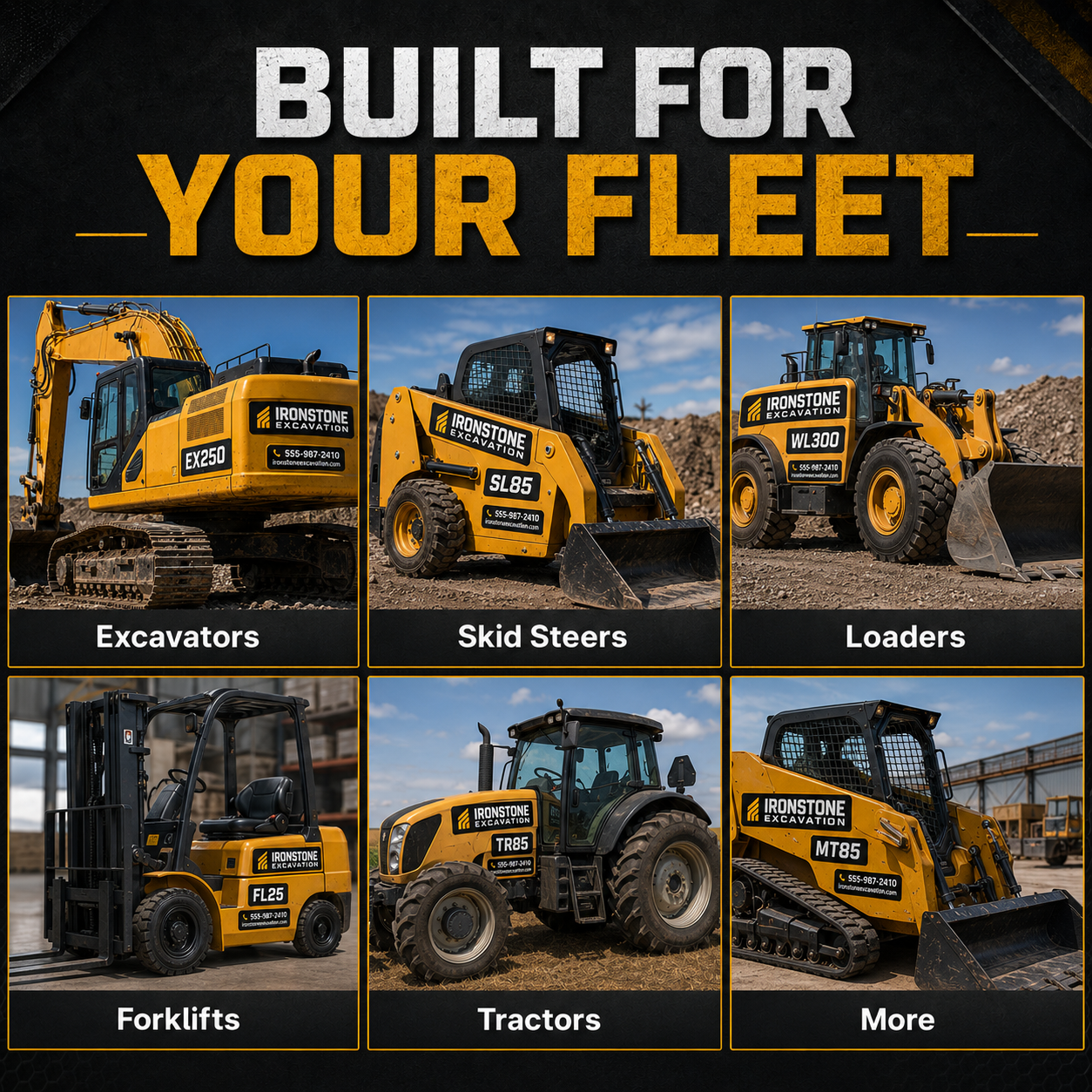 Jobsite equipment ID kit for excavators skid steers loaders forklifts tractors and fleet equipment