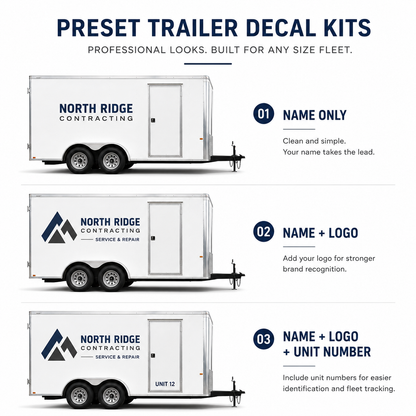 Trailer decal kit comparison showing name only name and logo and name logo unit number options