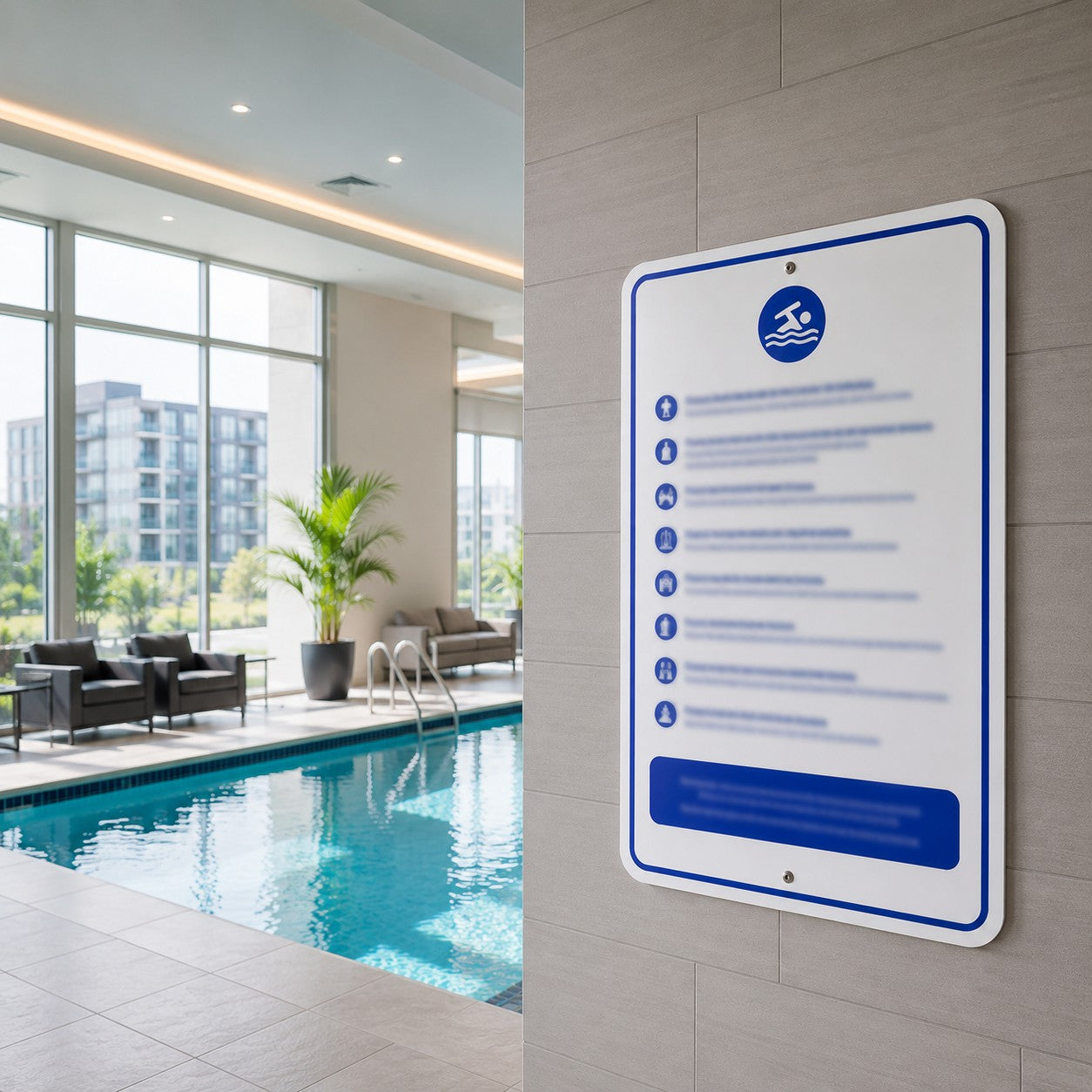 Custom pool regulation sign mounted in a modern indoor condo pool area