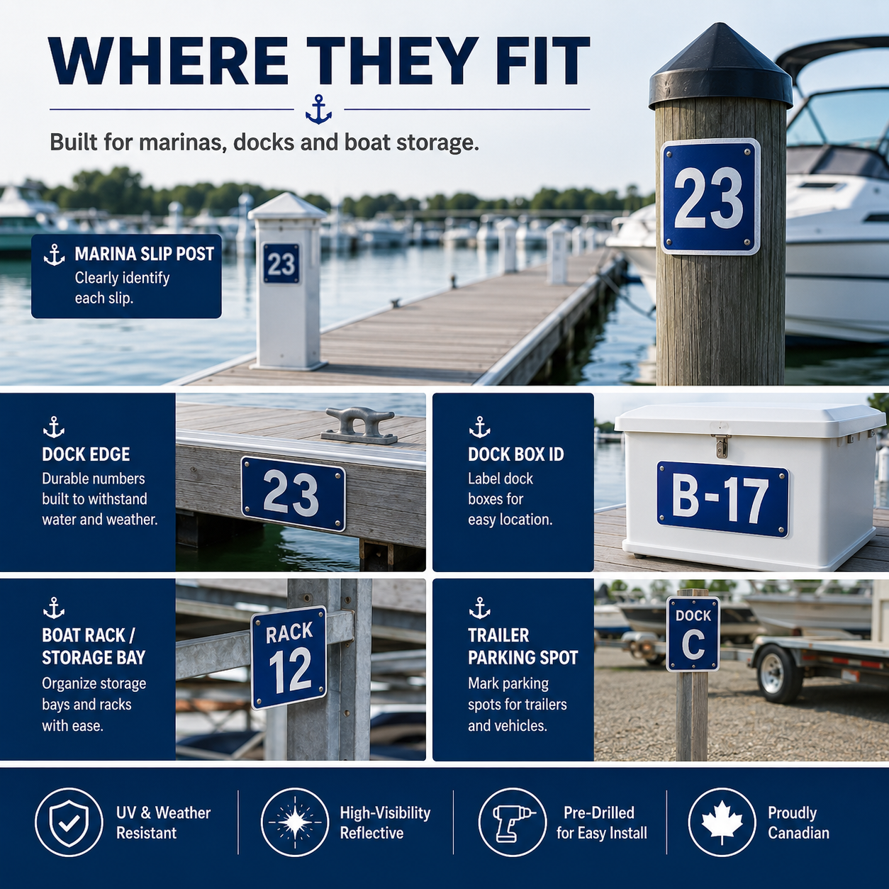 Marina slip number and dock ID placement guide for posts edges boxes boat racks and trailer parking spaces