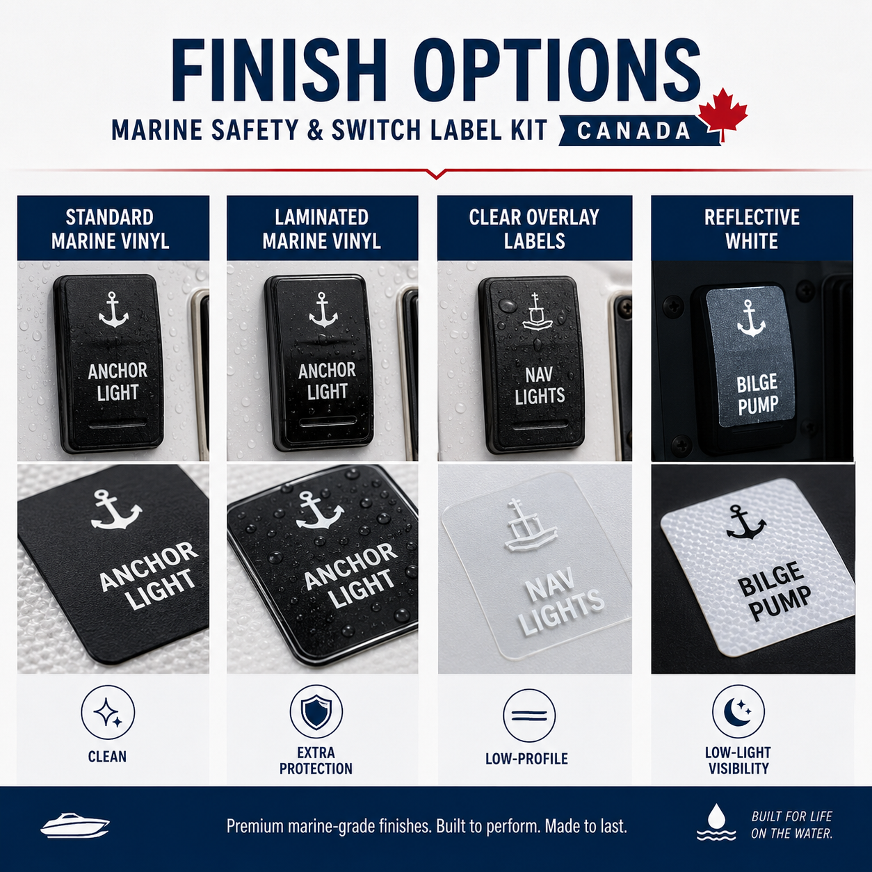 Marine safety and switch label finish options in standard marine vinyl spray-protected marine vinyl clear overlay labels and reflective white