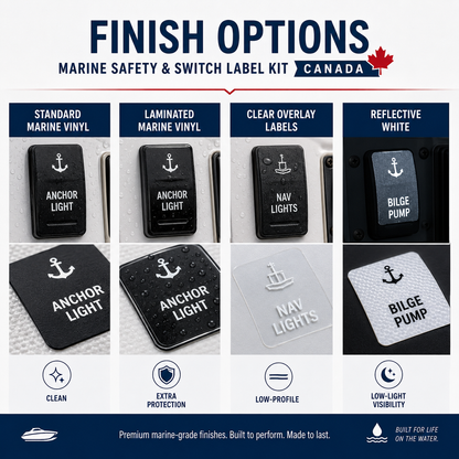 Marine safety and switch label finish options in standard marine vinyl spray-protected marine vinyl clear overlay labels and reflective white