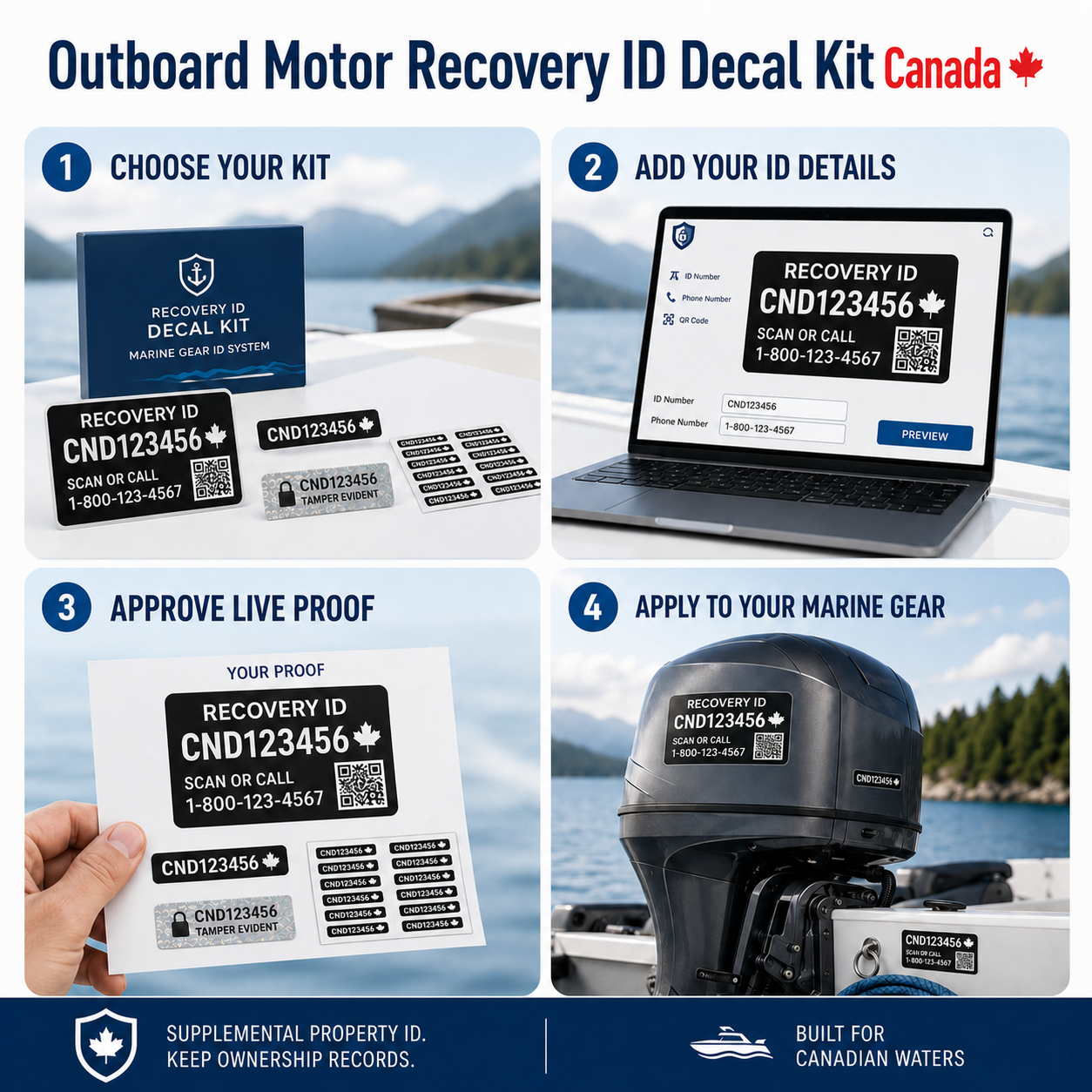 Outboard motor recovery ID ordering process from kit selection and ID entry through live proof approval and marine gear application