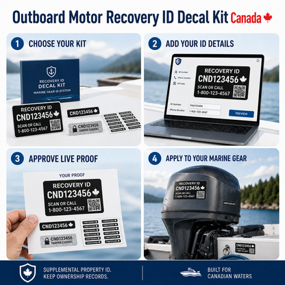 Outboard motor recovery ID ordering process from kit selection and ID entry through live proof approval and marine gear application