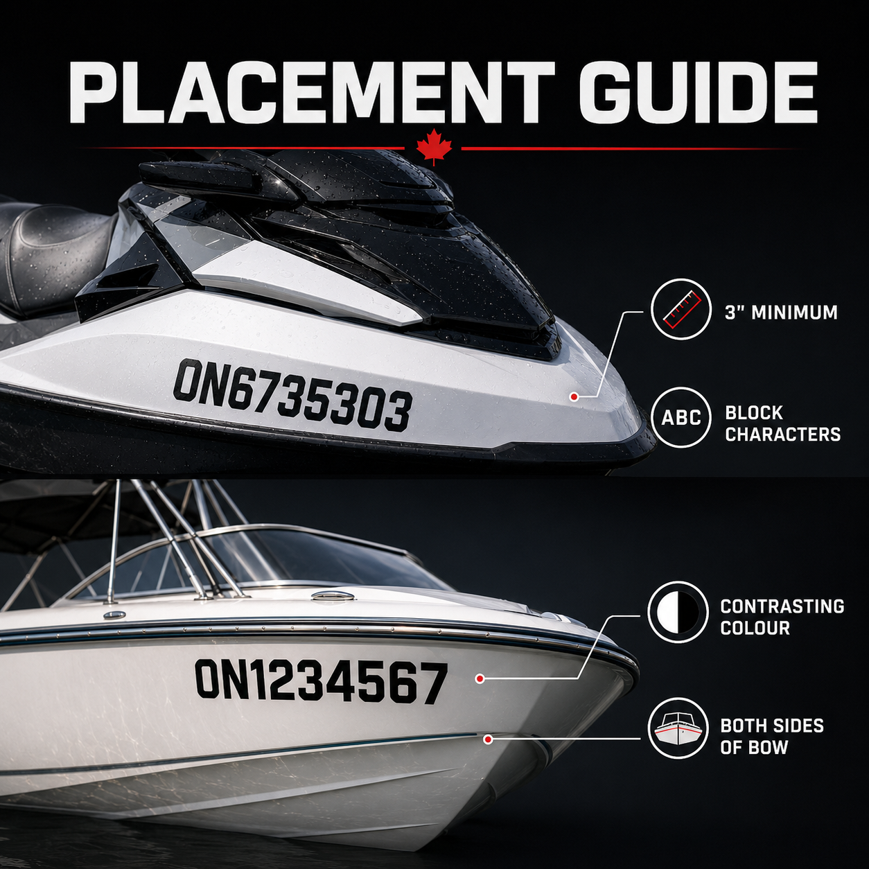 PWC and boat number decal placement guide showing both sides of the bow and contrasting colour