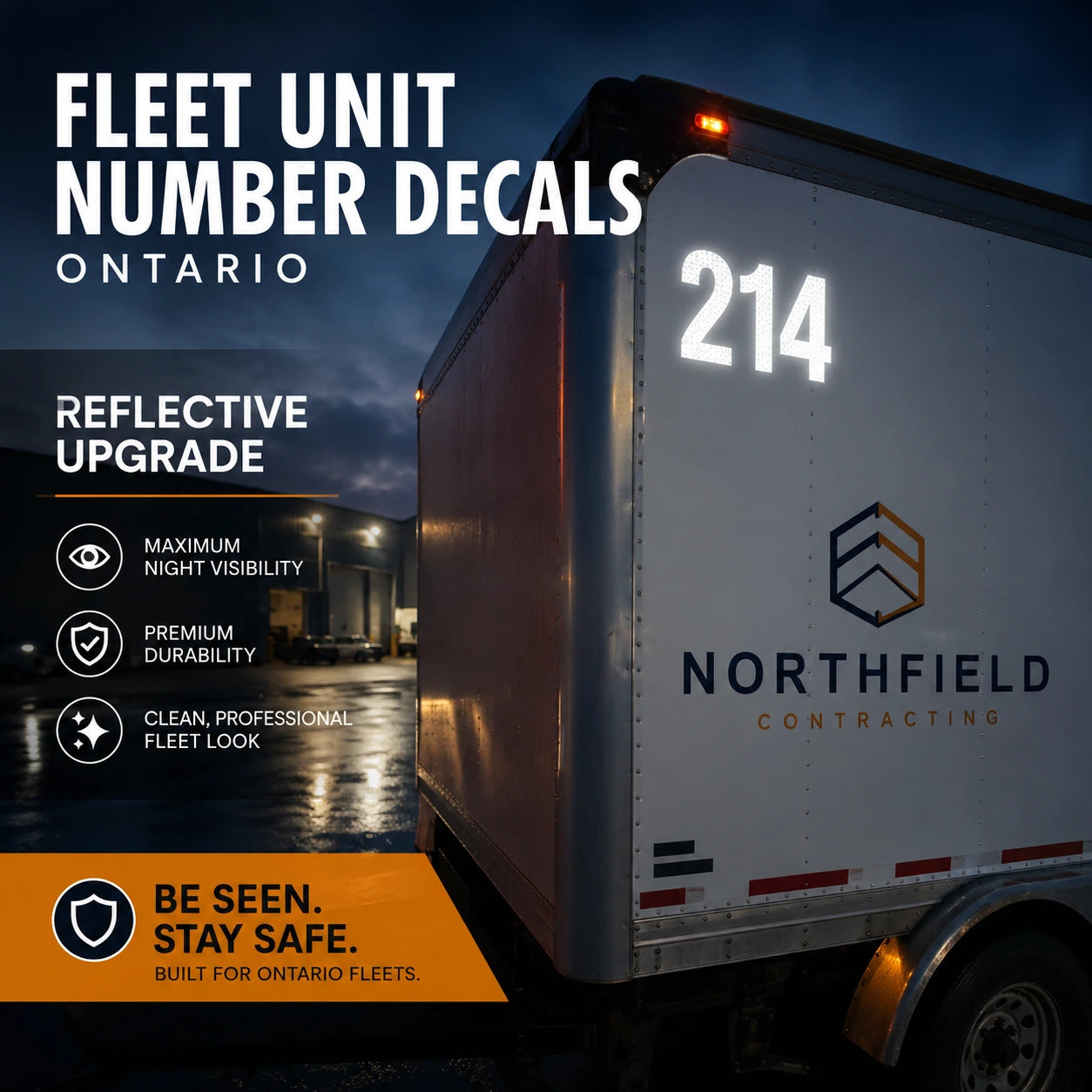 Reflective fleet unit number decal upgrade at night