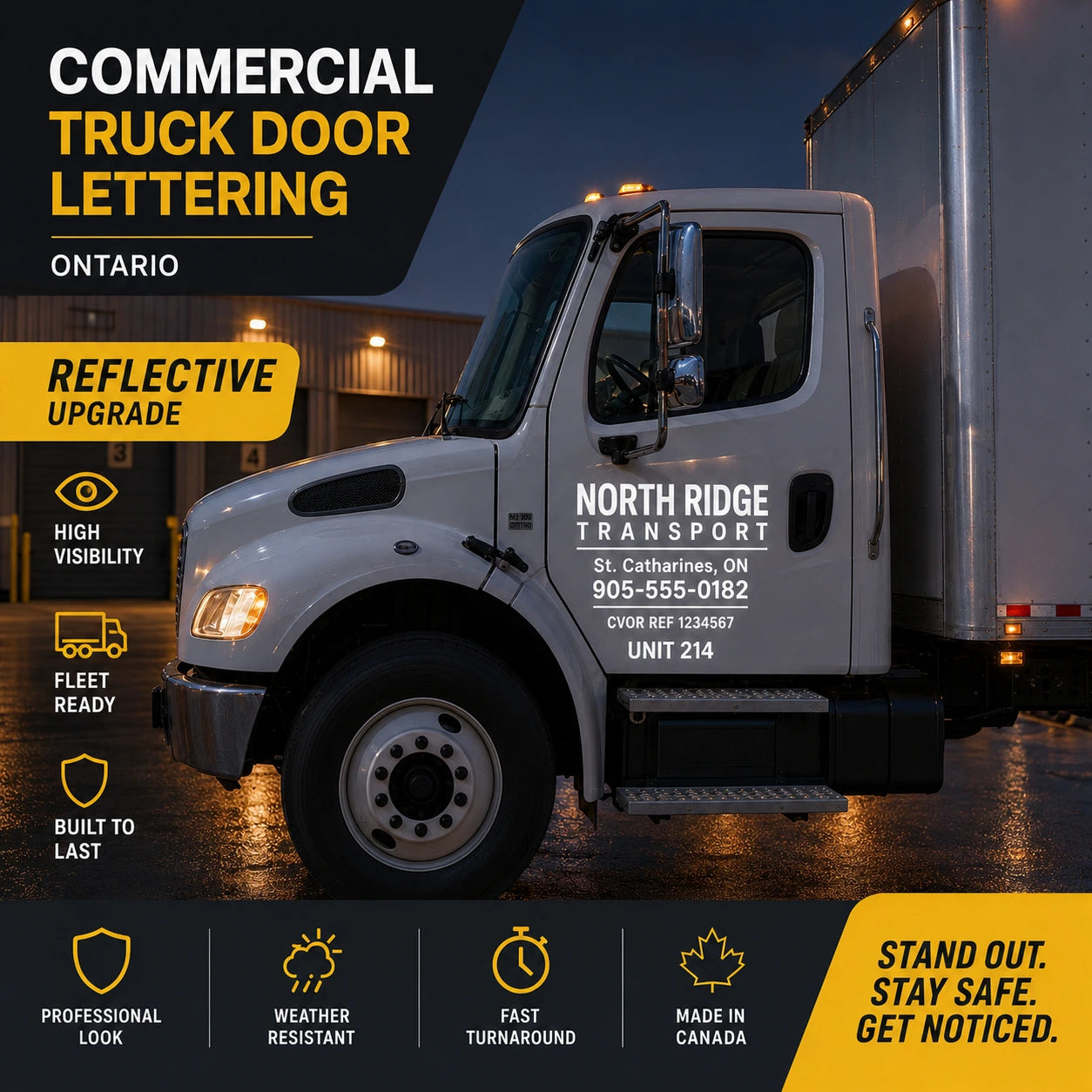 Reflective commercial truck door lettering upgrade at night