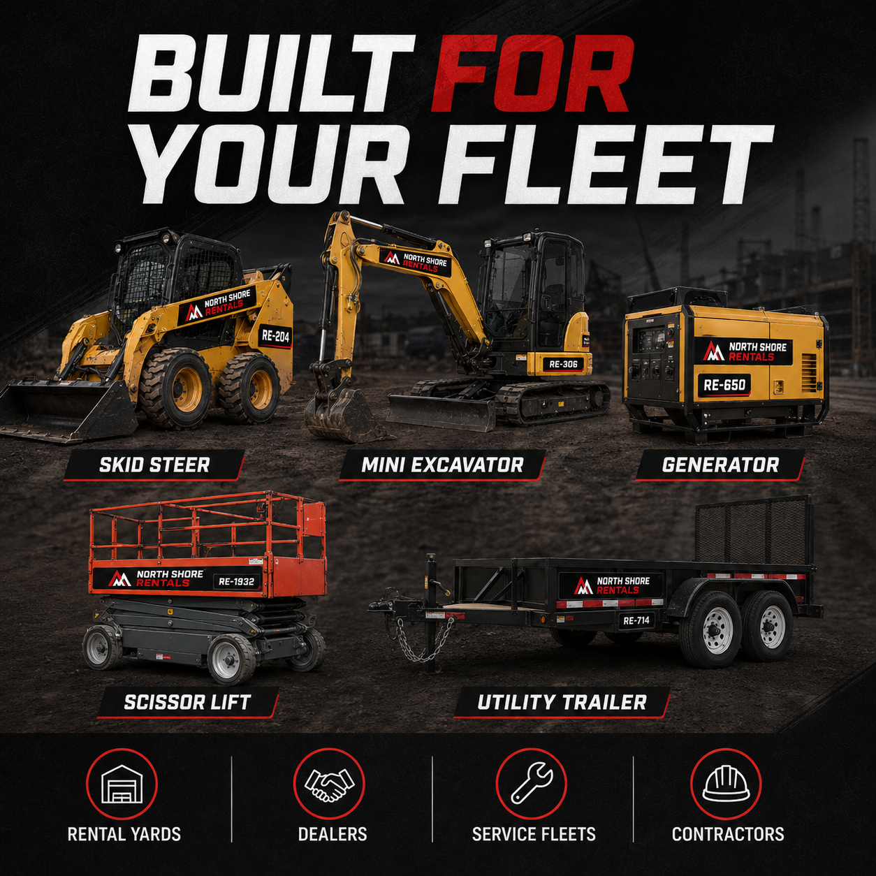 Rental equipment label kit for skid steers mini excavators generators scissor lifts utility trailers and contractors