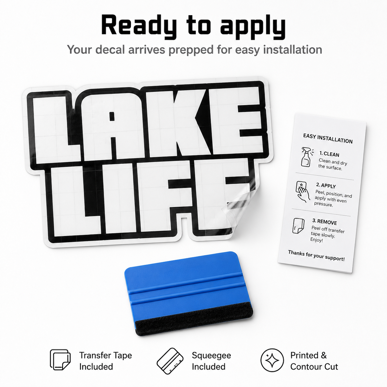Custom transfer decal kit with application tape and squeegee