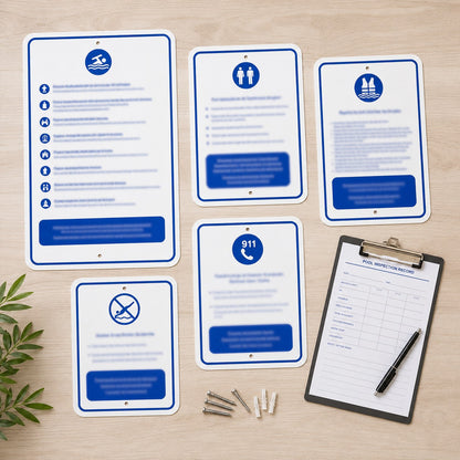 Stack of custom pool regulation signs with inspection checklist and mounting hardware