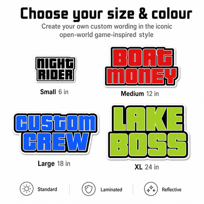 Custom text decal size colour and material options
