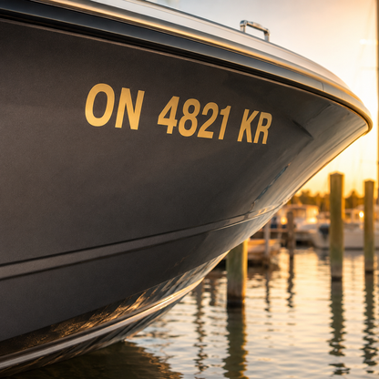 Reflective dark hull boat registration decal Canada — visible at low light marina conditions