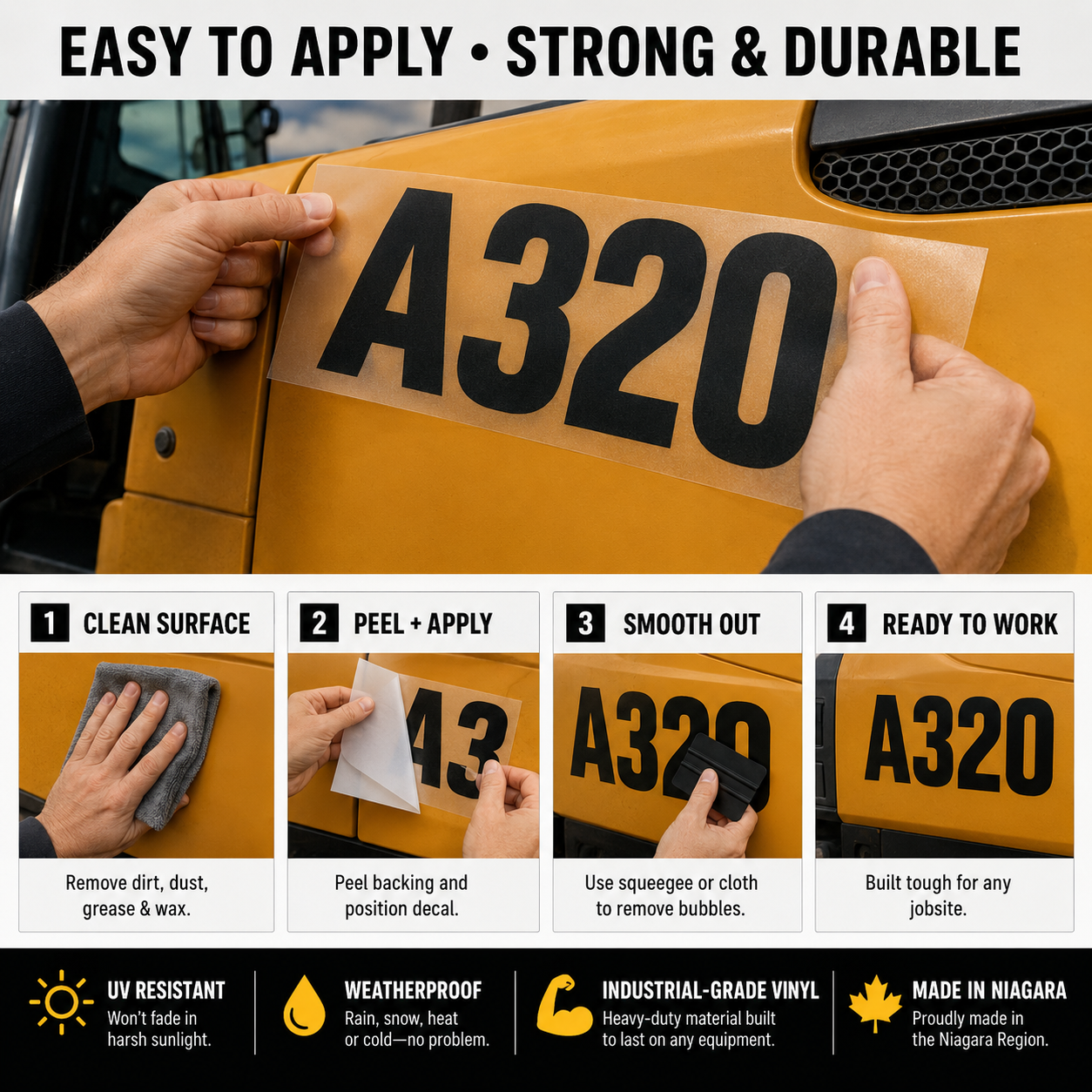 Where to apply heavy equipment unit number decals and easy install steps