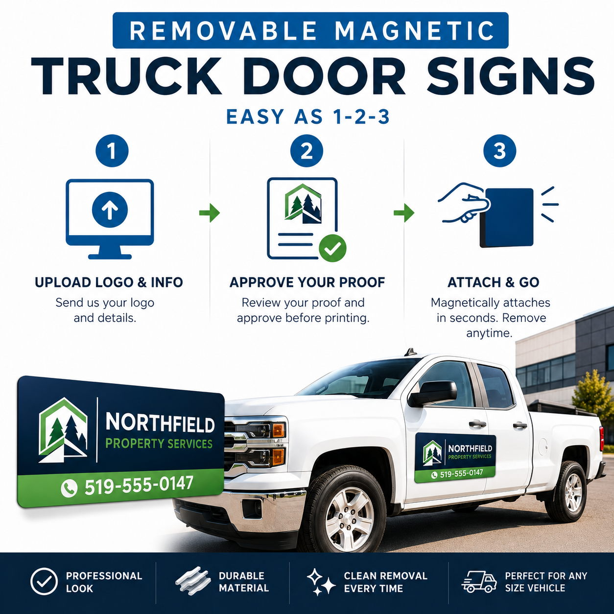 Three-step process for ordering magnetic truck door signs: upload logo, approve proof, attach and go