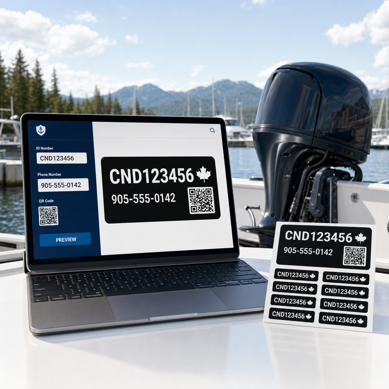 Live proof example for an outboard motor recovery ID label showing asset code owner contact and QR destination before checkout
