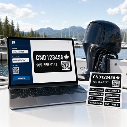 Live proof example for an outboard motor recovery ID label showing asset code owner contact and QR destination before checkout