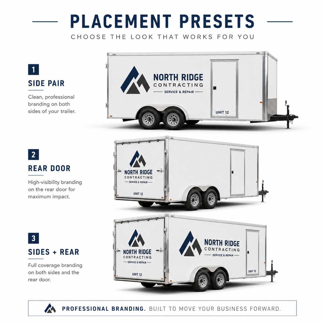 Trailer decal placement presets for side pair rear door and sides plus rear